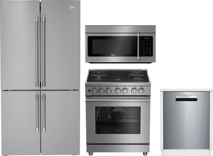 Beko 4 Piece Kitchen Appliances Package with French Door Refrigerator, Dual Fuel Range, Dishwasher and Over the Range Microwave in Stainless Steel BEK