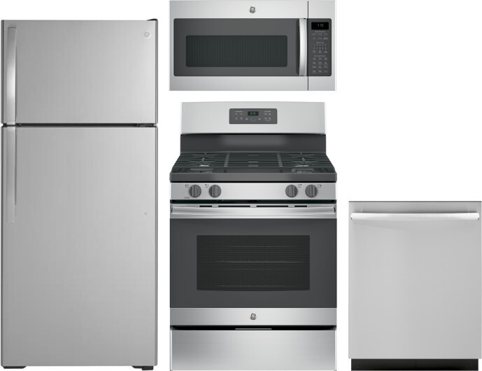 GE 4 Piece Kitchen Appliances Package with Top Freezer Refrigerator, Gas Range, Dishwasher and Over the Range Microwave in Stainless Steel GERERADWMW7