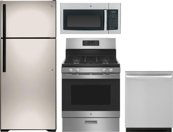 GE 4 Piece Kitchen Appliances Package with Top Freezer Refrigerator, Gas Range, Dishwasher and Over the Range Microwave in Silver GERERADWMW3257 -  GIE18GCNRSA