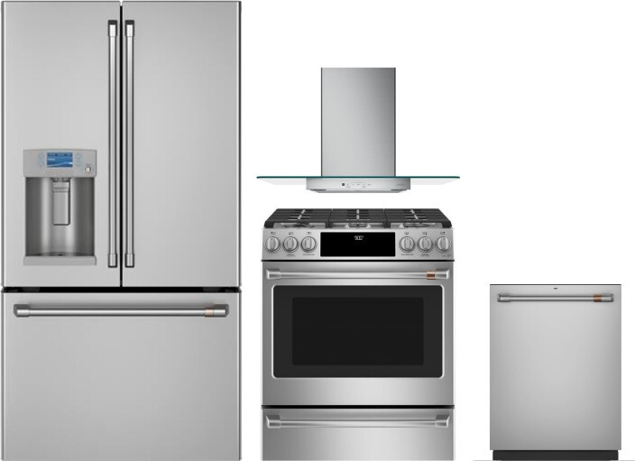 Cafe 4 Piece Kitchen Appliances Package with French Door Refrigerator, Dual Fuel Range and Dishwasher in Stainless Steel CAFRERADWRH735
