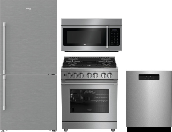 Beko 4 Piece Kitchen Appliances Package with Bottom Freezer Refrigerator, Dual Fuel Range, Dishwasher and Over the Range Microwave in Stainless Steel 
