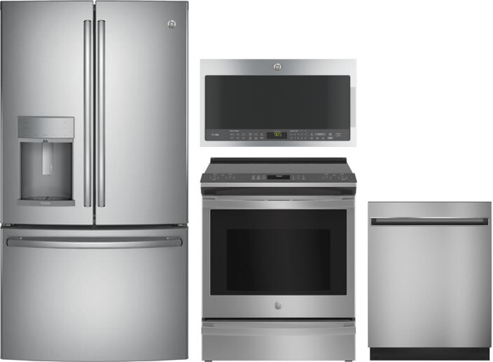 GE Profile 4 Piece Kitchen Appliances Package with French Door Refrigerator, Electric Range, Dishwasher and Over the Range Microwave in Stainless Stee