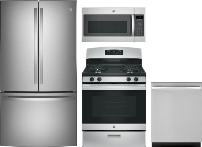GE 4 Piece Kitchen Appliances Package with French Door Refrigerator, Gas Range, Dishwasher and Over the Range Microwave in Stainless Steel GERERADWMW3