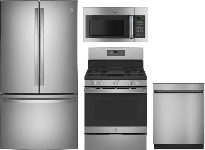 GE 4 Piece Kitchen Appliances Package with French Door Refrigerator, Gas Range, Dishwasher and Over the Range Microwave in Stainless Steel GERERADWMW3