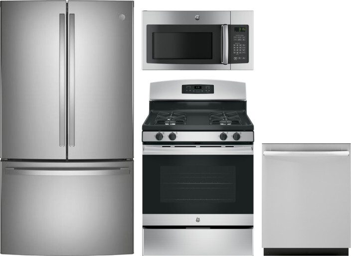 GE 4 Piece Kitchen Appliances Package with French Door Refrigerator, Gas Range, Dishwasher and Over the Range Microwave in Stainless Steel GERERADWMW3