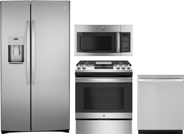 GE 4 Piece Kitchen Appliances Package with Side-by-Side Refrigerator, Gas Range, Dishwasher and Over the Range Microwave in Stainless Steel GERERADWMW