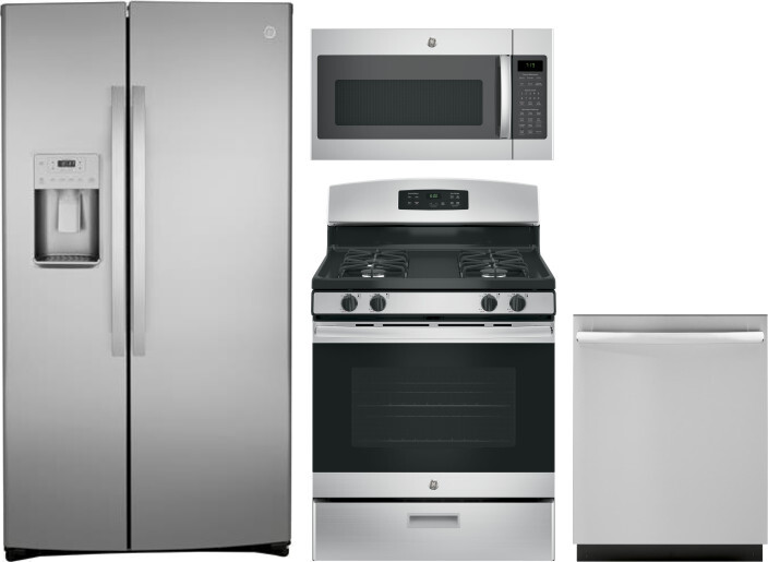 GE 4 Piece Kitchen Appliances Package with Side-by-Side Refrigerator, Gas Range, Dishwasher and Over the Range Microwave in Stainless Steel GERERADWMW