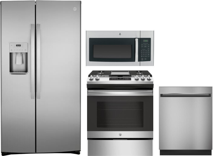 GE 4 Piece Kitchen Appliances Package with Side-by-Side Refrigerator, Gas Range, Dishwasher and Over the Range Microwave in Stainless Steel GERERADWMW