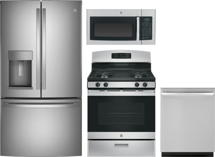 GE 4 Piece Kitchen Appliances Package with French Door Refrigerator, Gas Range, Dishwasher and Over the Range Microwave in Stainless Steel GERERADWMW3