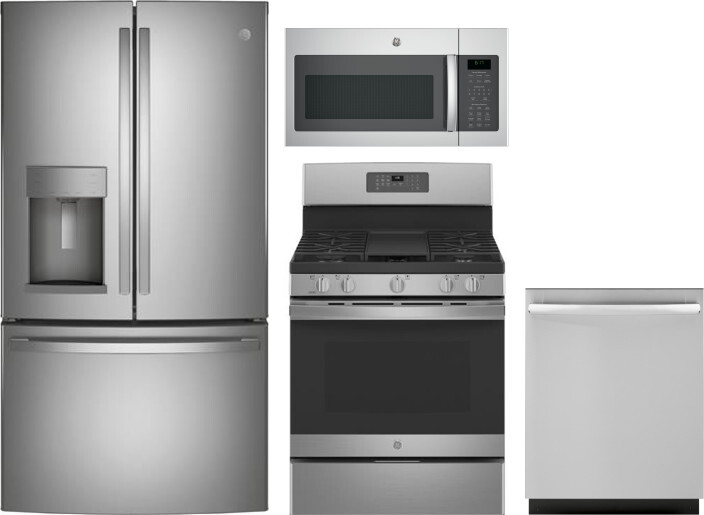 GE 4 Piece Kitchen Appliances Package with French Door Refrigerator, Gas Range, Dishwasher and Over the Range Microwave in Stainless Steel GERERADWMW3
