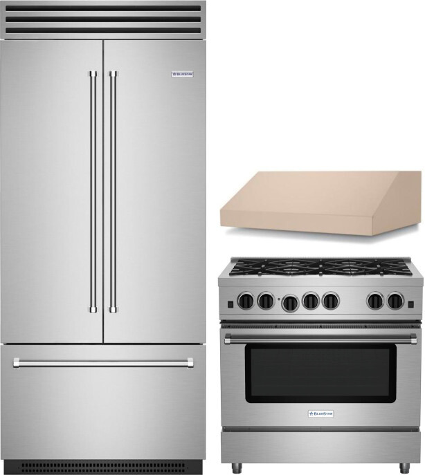 BlueStar 3 Piece Kitchen Appliances Package with Gas Range and French Door Refrigerator in Custom Colors BLRERARH1068