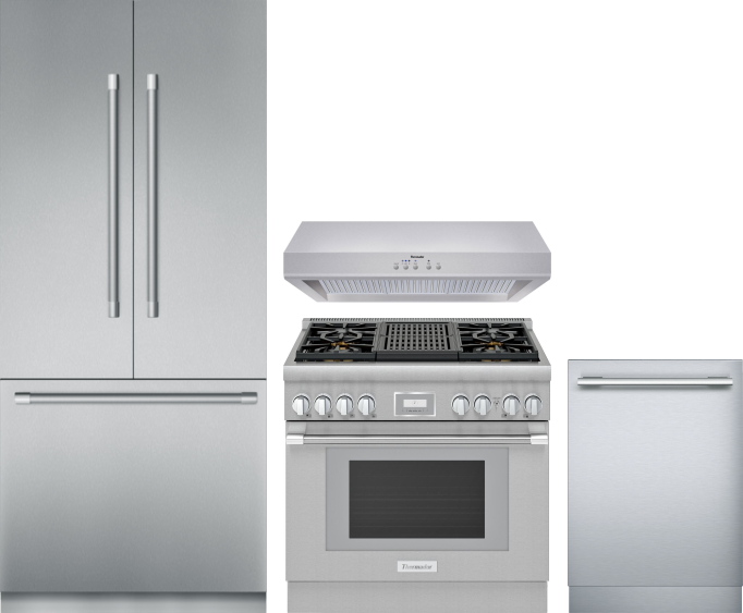 Thermador 4 Piece Kitchen Appliances Package with French Door Refrigerator, Gas Range and Dishwasher in Stainless Steel THERERADWMW425