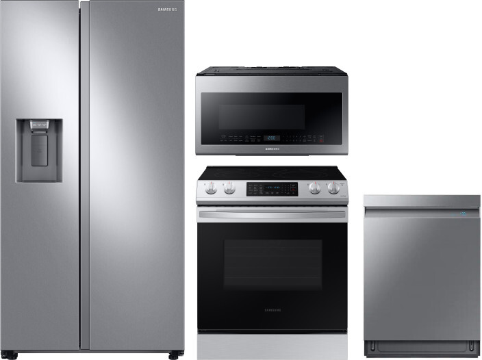 Samsung 4 Piece Kitchen Appliances Package with Side-by-Side Refrigerator, Electric Range, Dishwasher and Over the Range Microwave in Stainless Steel 