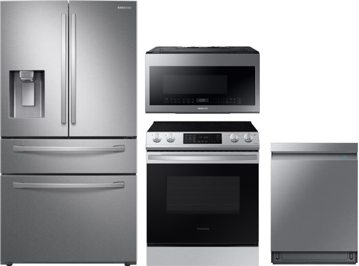 Samsung 4 Piece Kitchen Appliances Package with French Door Refrigerator, Electric Range, Dishwasher and Over the Range Microwave in Stainless Steel S