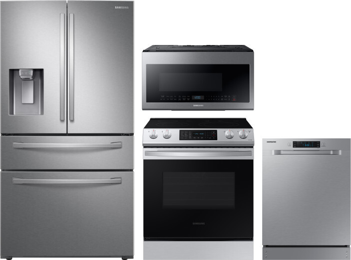 Samsung 4 Piece Kitchen Appliances Package with French Door Refrigerator, Electric Range, Dishwasher and Over the Range Microwave in Stainless Steel S