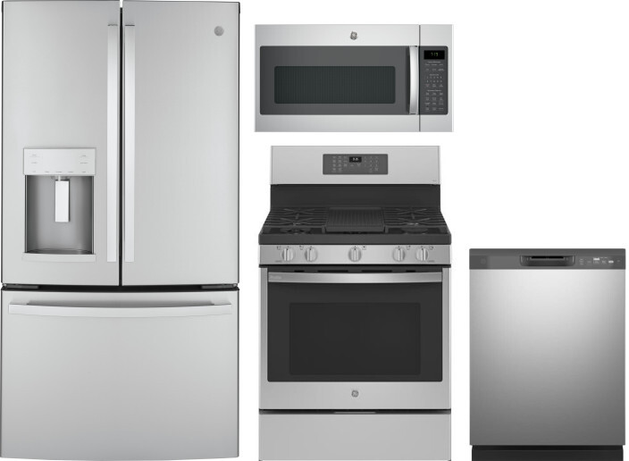 GE 4 Piece Kitchen Appliances Package with French Door Refrigerator, Gas Range, Dishwasher and Over the Range Microwave in Stainless Steel GERERADWMW3