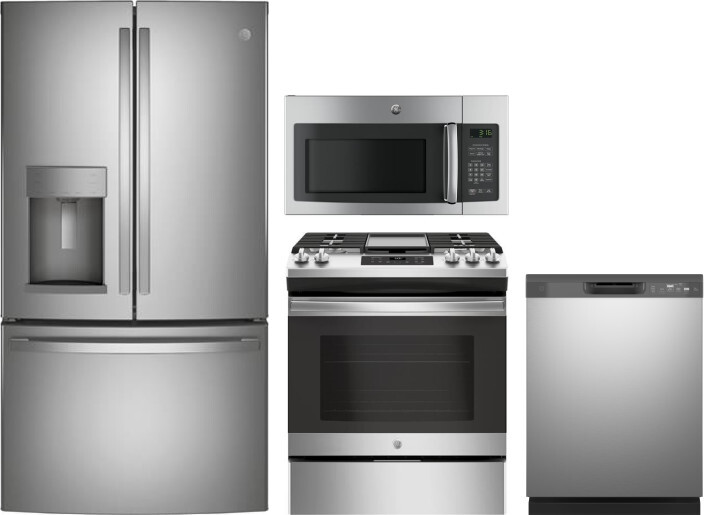 GE 4 Piece Kitchen Appliances Package with French Door Refrigerator, Gas Range, Dishwasher and Over the Range Microwave in Stainless Steel GERERADWMW3