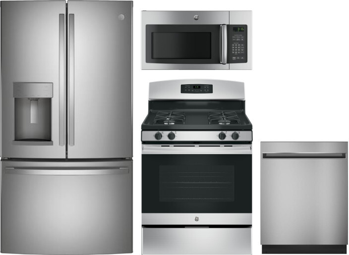 GE 4 Piece Kitchen Appliances Package with French Door Refrigerator, Gas Range, Dishwasher and Over the Range Microwave in Stainless Steel GERERADWMW3