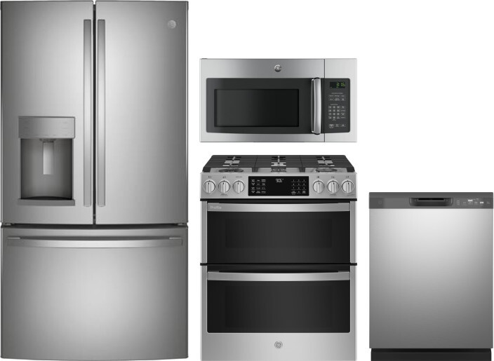GE 4 Piece Kitchen Appliances Package with French Door Refrigerator, Gas Range, Dishwasher and Over the Range Microwave in Stainless Steel GERERADWMW3