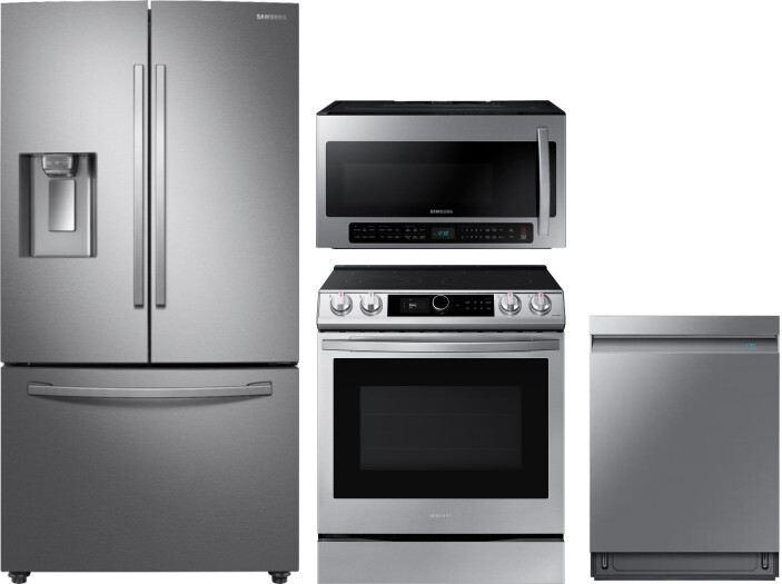 Samsung 4 Piece Kitchen Appliances Package with French Door Refrigerator, Electric Range, Dishwasher and Over the Range Microwave in Stainless Steel S