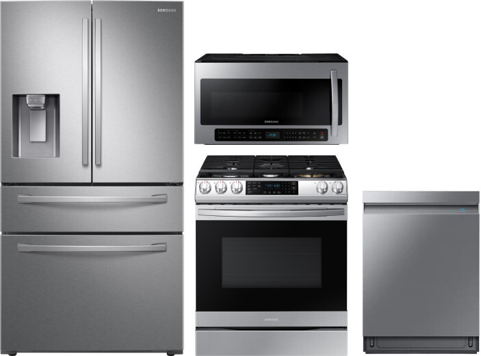 Samsung 4 Piece Kitchen Appliances Package with French Door Refrigerator, Gas Range, Dishwasher and Over the Range Microwave in Stainless Steel SARERA