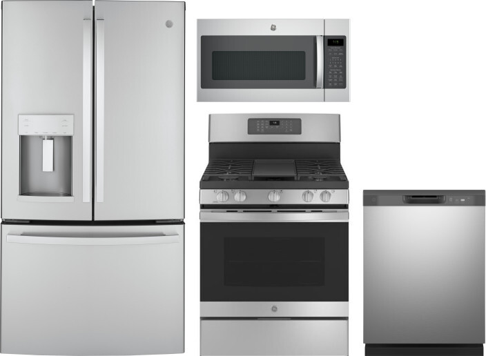 GE 4 Piece Kitchen Appliances Package with French Door Refrigerator, Gas Range, Dishwasher and Over the Range Microwave in Stainless Steel GERERADWMW3