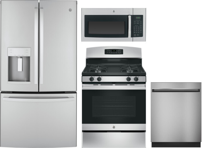 GE 4 Piece Kitchen Appliances Package with French Door Refrigerator, Gas Range, Dishwasher and Over the Range Microwave in Stainless Steel GERERADWMW3