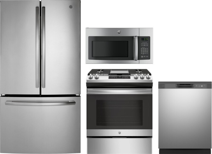 GE 4 Piece Kitchen Appliances Package with French Door Refrigerator, Gas Range, Dishwasher and Over the Range Microwave in Stainless Steel GERERADWMW3