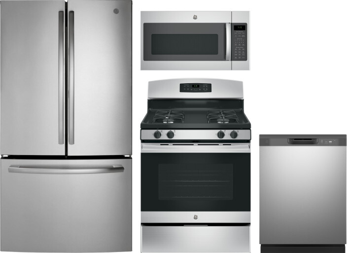 GE 4 Piece Kitchen Appliances Package with French Door Refrigerator, Gas Range, Dishwasher and Over the Range Microwave in Stainless Steel GERERADWMW3