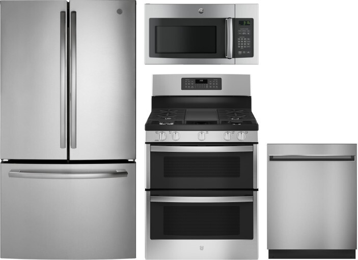 GE 4 Piece Kitchen Appliances Package with French Door Refrigerator, Gas Range, Dishwasher and Over the Range Microwave in Stainless Steel GERERADWMW3