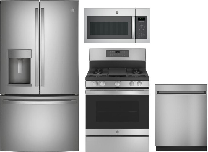 GE 4 Piece Kitchen Appliances Package with French Door Refrigerator, Gas Range, Dishwasher and Over the Range Microwave in Stainless Steel GERERADWMW3