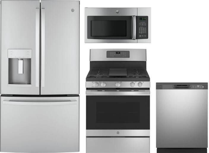 GE 4 Piece Kitchen Appliances Package with French Door Refrigerator, Gas Range, Dishwasher and Over the Range Microwave in Stainless Steel GERERADWMW3
