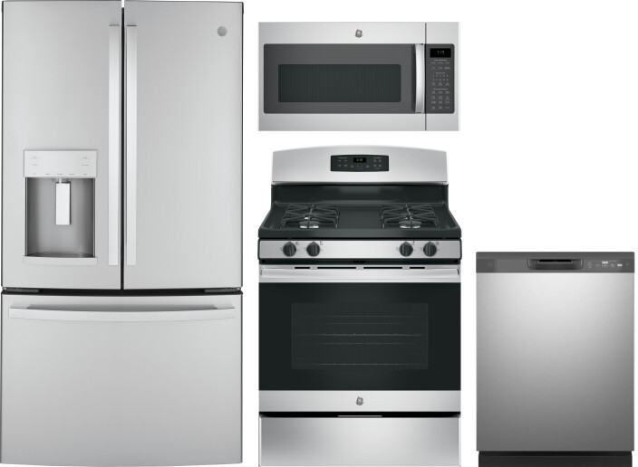 GE 4 Piece Kitchen Appliances Package with French Door Refrigerator, Gas Range, Dishwasher and Over the Range Microwave in Stainless Steel GERERADWMW3