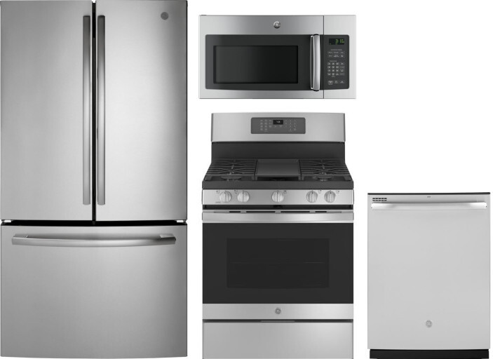 GE 4 Piece Kitchen Appliances Package with French Door Refrigerator, Gas Range, Dishwasher and Over the Range Microwave in Stainless Steel GERERADWMW3