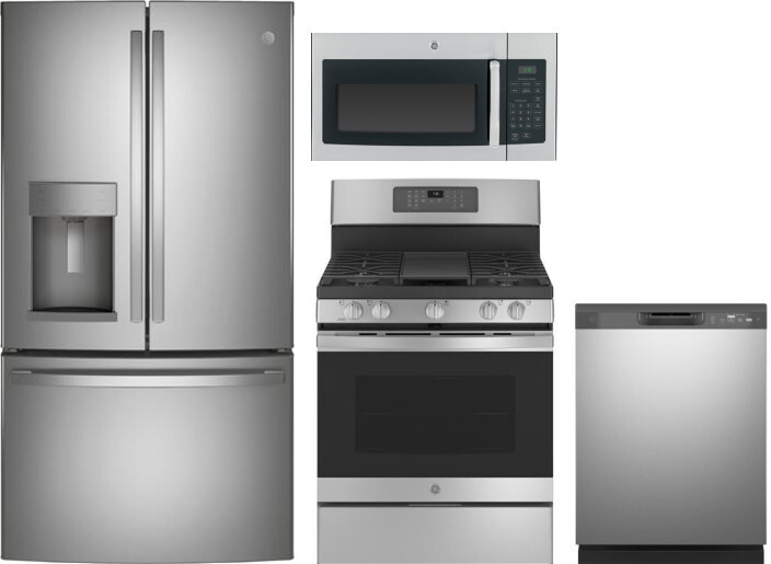 GE 4 Piece Kitchen Appliances Package with French Door Refrigerator, Gas Range, Dishwasher and Over the Range Microwave in Stainless Steel GERERADWMW3