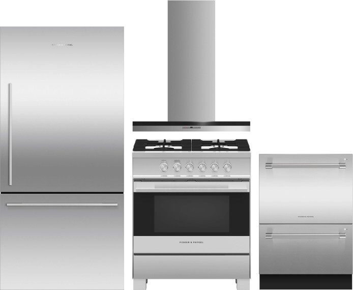 4 Piece Kitchen Appliances Package with Bottom Freezer Refrigerator, Gas Range and Dishwasher in Stainless Steel - Fisher & Paykel FPRERADWRH4130