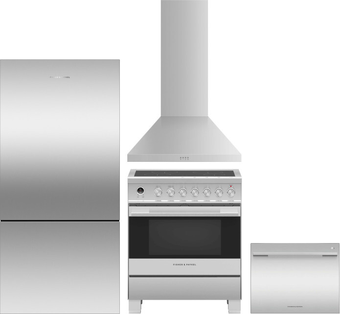 Fisher & Paykel 4 Piece Kitchen Appliances Package with Bottom Freezer Refrigerator, Induction Range and Dishwasher in Stainless Steel FPRERADWRH4147