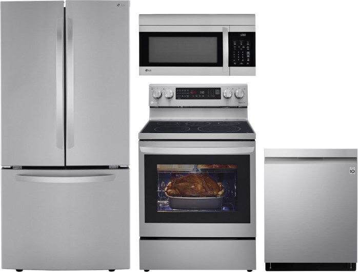 LG 4 Piece Kitchen Appliances Package with French Door Refrigerator, Electric Range, Dishwasher and Over the Range Microwave in Stainless Steel LGRERA