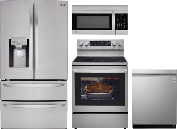 LG 4 Piece Kitchen Appliances Package with French Door Refrigerator, Electric Range, Dishwasher and Over the Range Microwave in Stainless Steel LGRERA