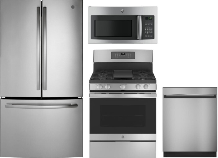 GE 4 Piece Kitchen Appliances Package with French Door Refrigerator, Gas Range, Dishwasher and Over the Range Microwave in Stainless Steel GERERADWMW3