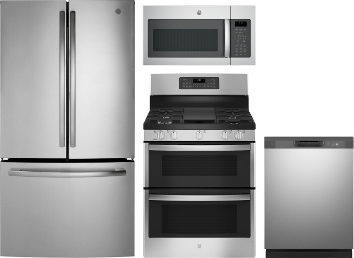 GE 4 Piece Kitchen Appliances Package with French Door Refrigerator, Gas Range, Dishwasher and Over the Range Microwave in Stainless Steel GERERADWMW3