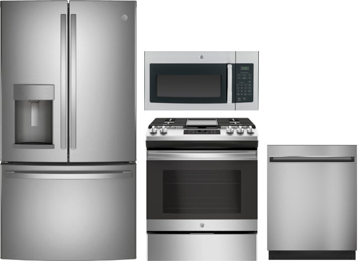GE 4 Piece Kitchen Appliances Package with French Door Refrigerator, Gas Range, Dishwasher and Over the Range Microwave in Stainless Steel GERERADWMW3