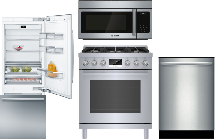 Bosch 4 Piece Kitchen Appliances Package with Bottom Freezer Refrigerator, Gas Range, Dishwasher and Over the Range Microwave in Stainless Steel BORER