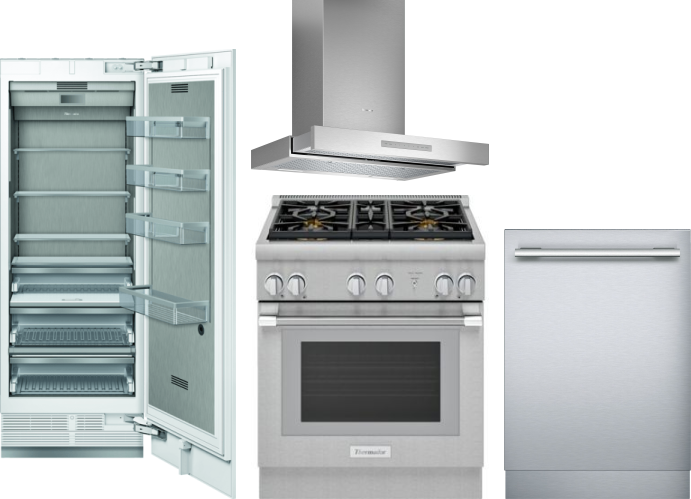 Thermador 4 Piece Kitchen Appliances Package with Column Refrigerator, Gas Range and Dishwasher in Panel Ready THRERADWRH1024