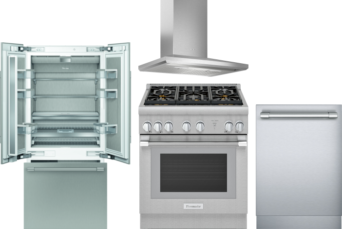 Thermador 4 Piece Kitchen Appliances Package with French Door Refrigerator, Gas Range and Dishwasher in Panel Ready THRERADWRH1025