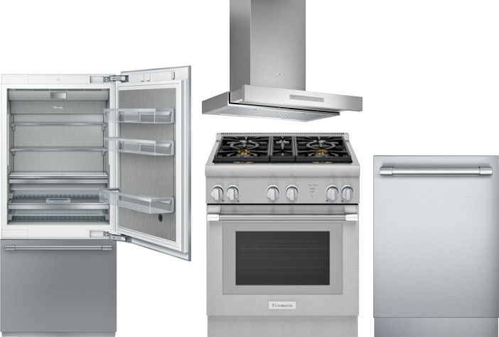 Thermador 4 Piece Kitchen Appliances Package with Bottom Freezer Refrigerator, Gas Range and Dishwasher in Panel Ready THRERADWRH1028