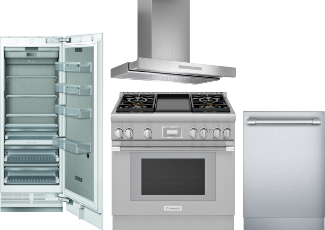 Thermador 4 Piece Kitchen Appliances Package with Column Refrigerator, Dual Fuel Range and Dishwasher in Panel Ready THRERADWRH1045