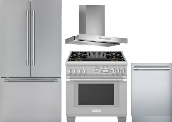 Thermador 4 Piece Kitchen Appliances Package with French Door Refrigerator, Dual Fuel Range and Dishwasher in Stainless Steel THRERADWRH1048