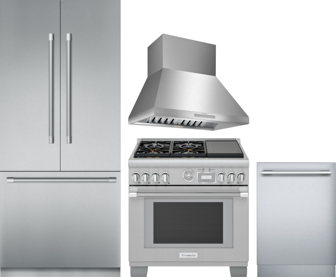 Thermador 4 Piece Kitchen Appliances Package with French Door Refrigerator, Dual Fuel Range and Dishwasher in Stainless Steel THRERADWRH1050