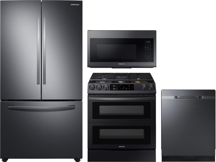 Samsung 4 Piece Kitchen Appliances Package with French Door Refrigerator, Gas Range, Dishwasher and Over the Range Microwave in Black Stainless Steel -  RF28T5001SG